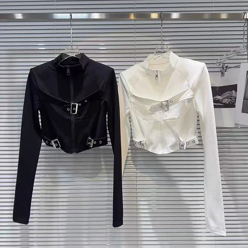 Sexy Slim Stand Neck T Shirt Women Y2K Fashion Streetwear Metal Buckle Strap Zipper Top Autumn American Chic Long Sleeve Tees