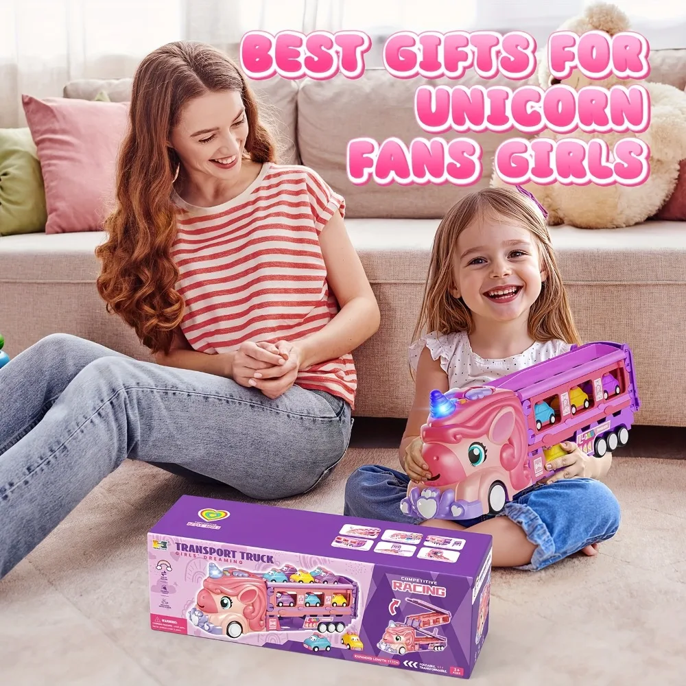 لعبة سيارة شاحنة نقل وردية مع وضع مسار ممتد، تخزين قابل للطي، تأثيرات أضواء وموسيقى، تتضمن 6 سيارات صغيرة، لعبة أطفال