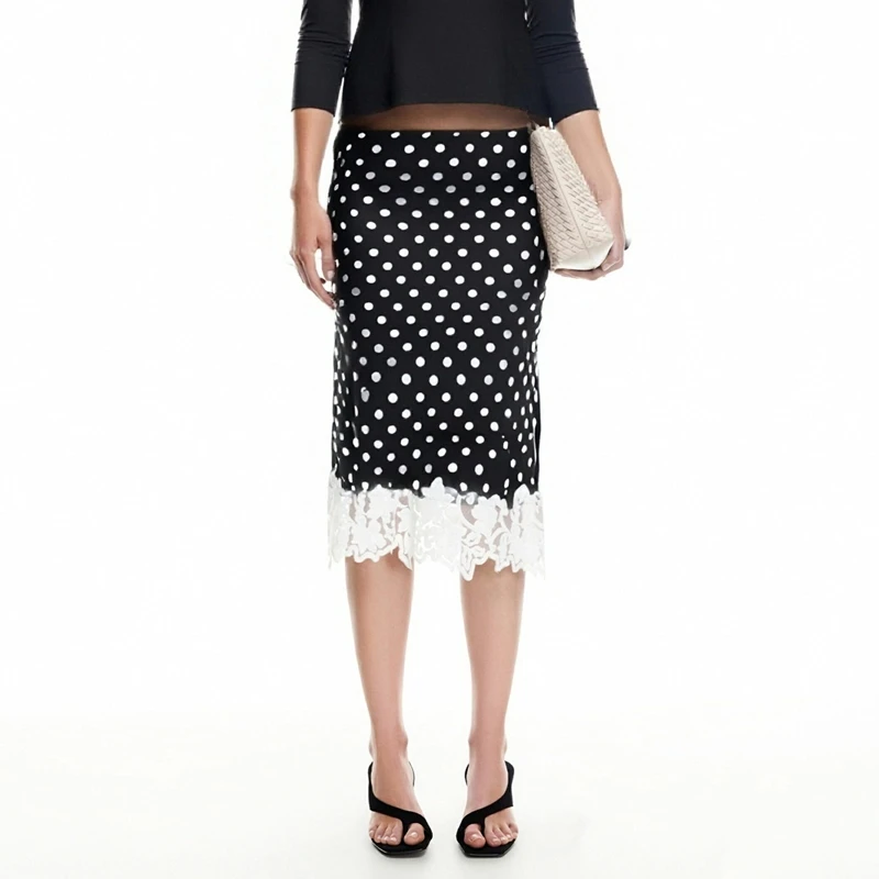 

Combhasaki Womens Elegant Chic Sheer Floral Lace Trimmed Patchwork Satin Silky Midi Skirts Zipper High Rise Slim Y2k Underskirts