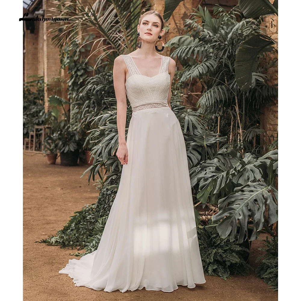 2021 Sexy Sweetheart Sleeveless Tank Lace Chiffon Backless Wedding Dresses with Back Buttons vestido para boda playa Lakshmigown