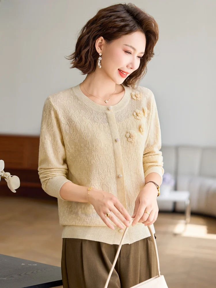 

Knitted Base Layer irt Long Sve Versatile for Middle-Aged And ly Women Autumn Faion Loose Fit Daily Wear Open Car...