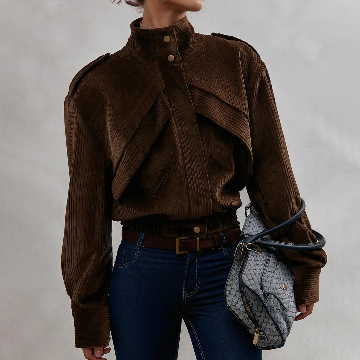 IG 2026 Women's Vertical Strip Corduroy Cropped Jacket Stand Collar Epaulet Strap Detail  Front Elastic Hem Long Sleeve Coat