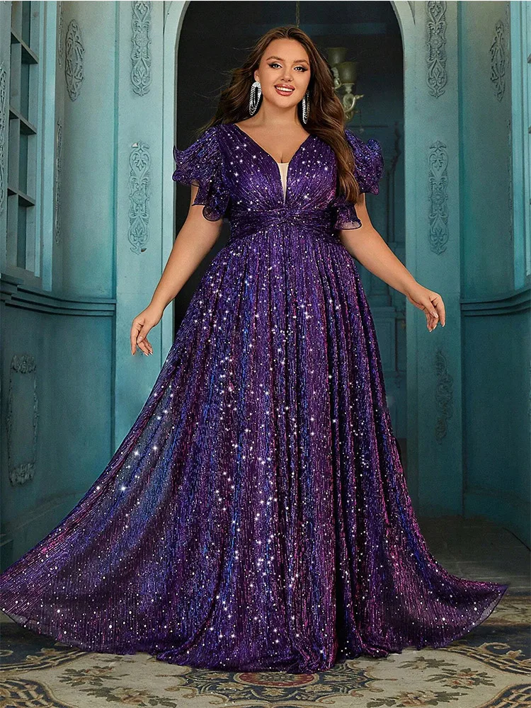 Plus Size V Neck Purple Colorful Sparkling Dinner Dance Prom Gown Dress Big Size Colorful Sparkling Bridesmaid Prom Dress