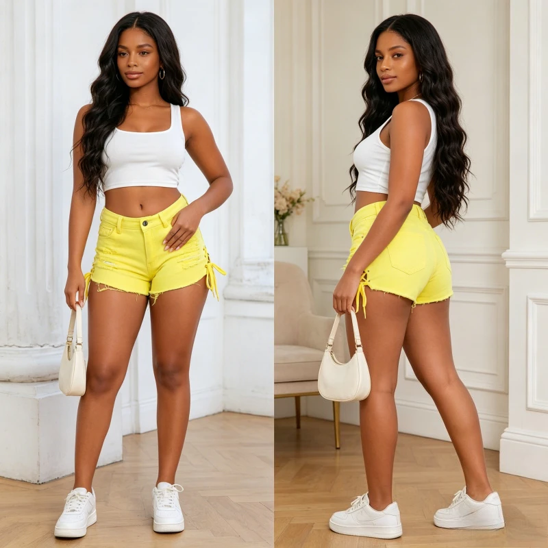 

Hole Shorts Women Sexy Jeans Lace Up High Waist Stretch Washed Distressed Pockets Female Short Pants Streetwear 2026 Denims