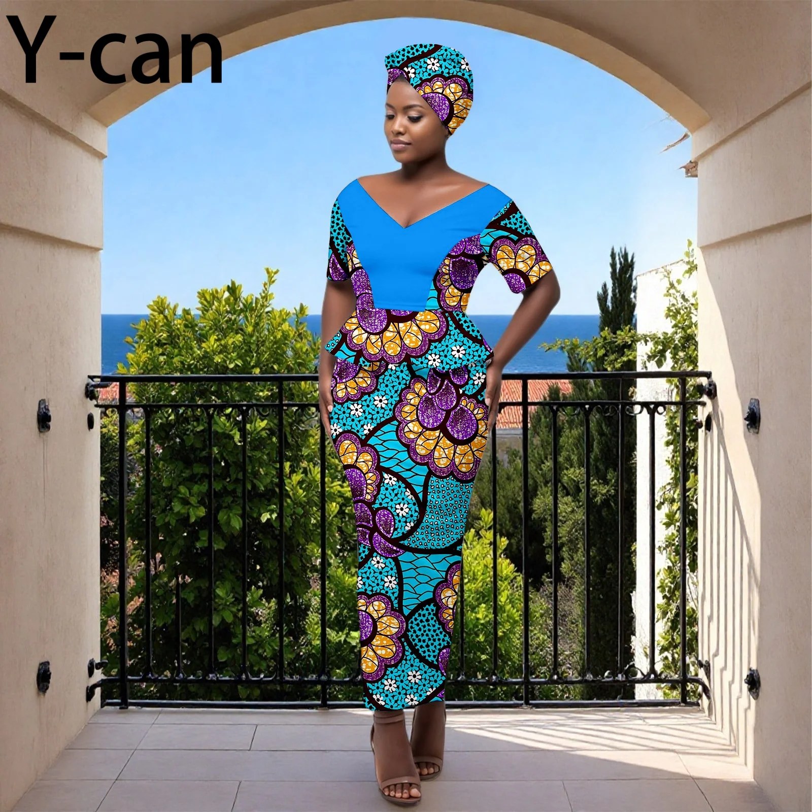 

African Women Skirt Set Luxury Gown Patchwork Print V-neck Ruffled Top and Slim Skirt with Headwrap Wedding Dress 2526069