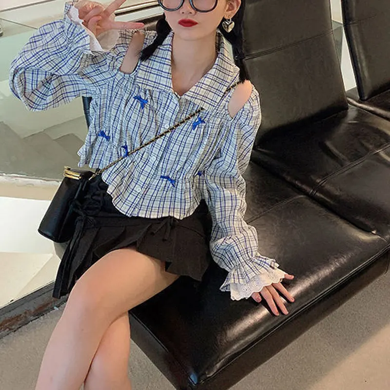 Fashionable Plaid Bow Lapel Blouse Female Clothing Sweet Lace Spliced Spring Autumn Elegant Off Shoulder Hollow Out Aura Shirts