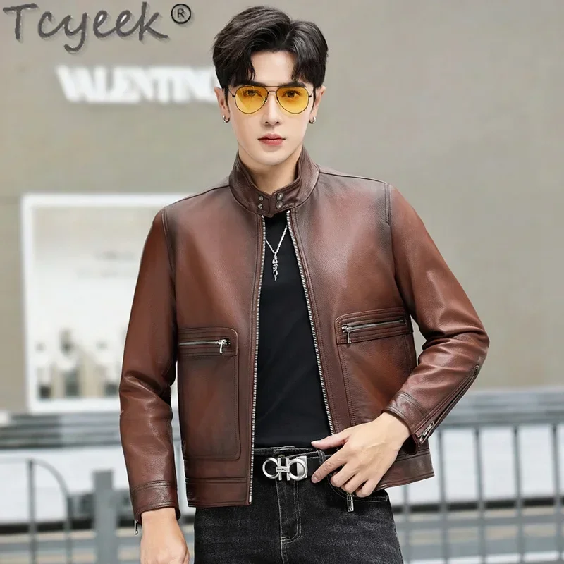 Tcyeek Real Leather Jacket Men Autumn Top Layer Goatskin Coat Men's Motocycle Jackets Stand Collar Male Leather Jackets Fashion