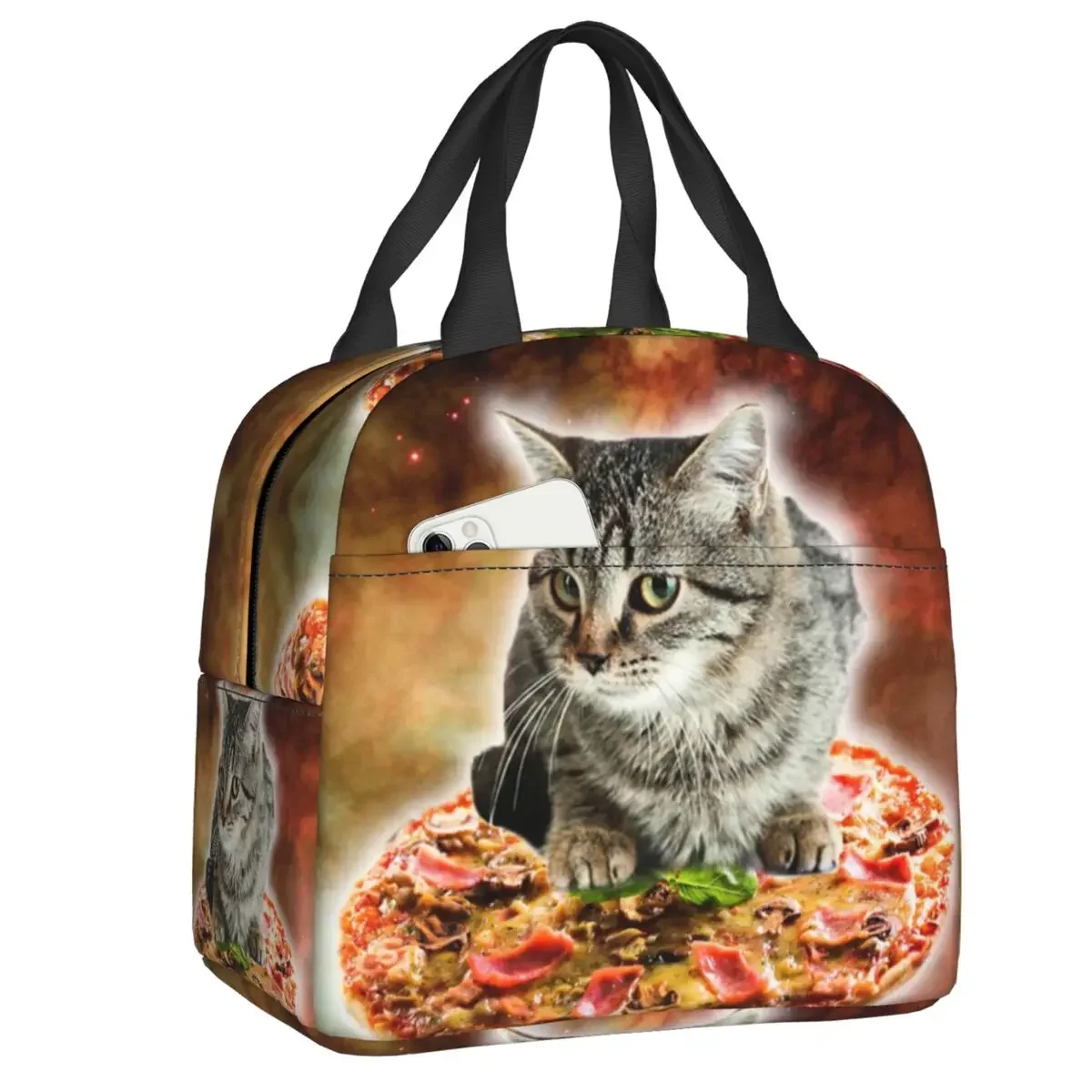 Space Cat Riding Pizza Lunch Box Thermal Cooler Food Insulated Lunch Bag for Women School Work Picnic Portable Tote Container