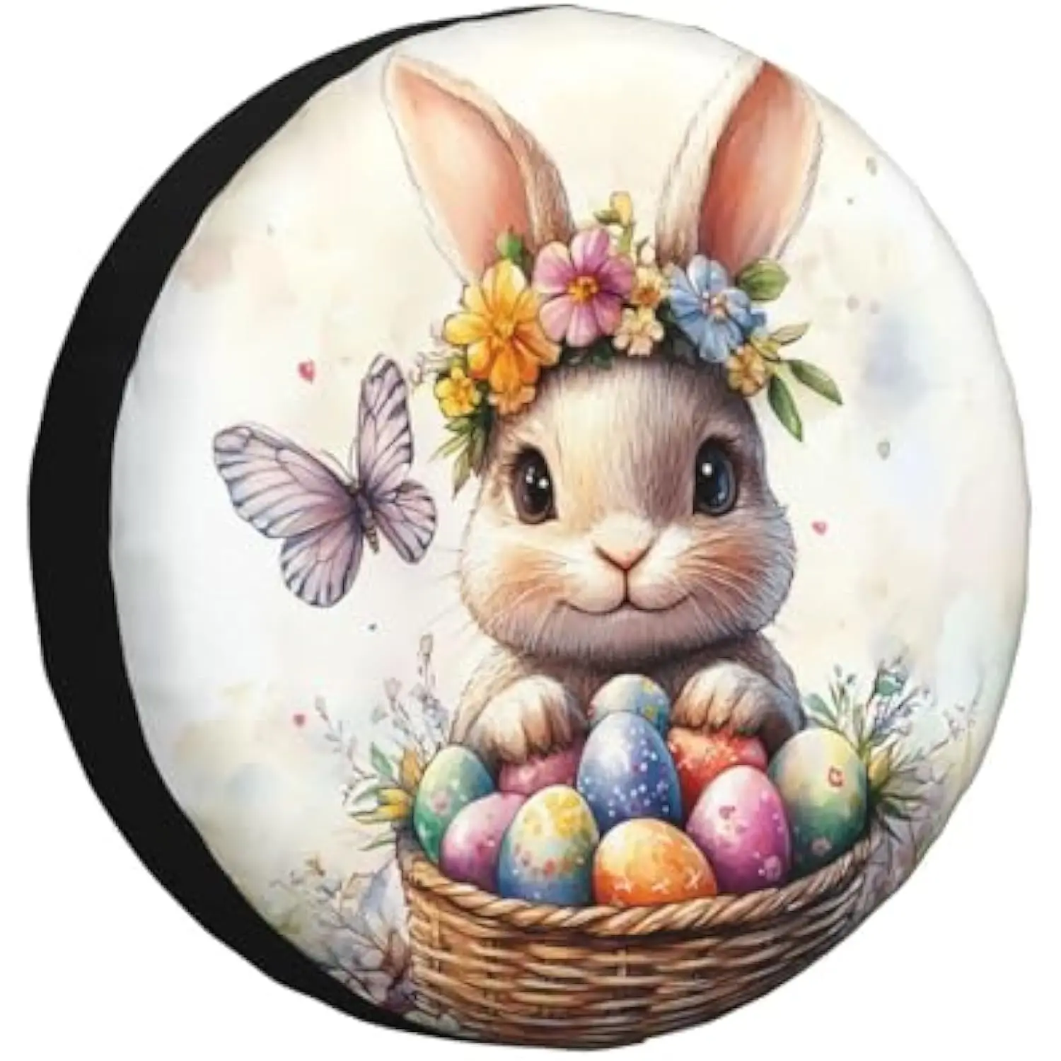 Cute Easter Bunny Flower Wreath Spare Tire Cover Waterproof Polyester Wheel Protector for RV SUV