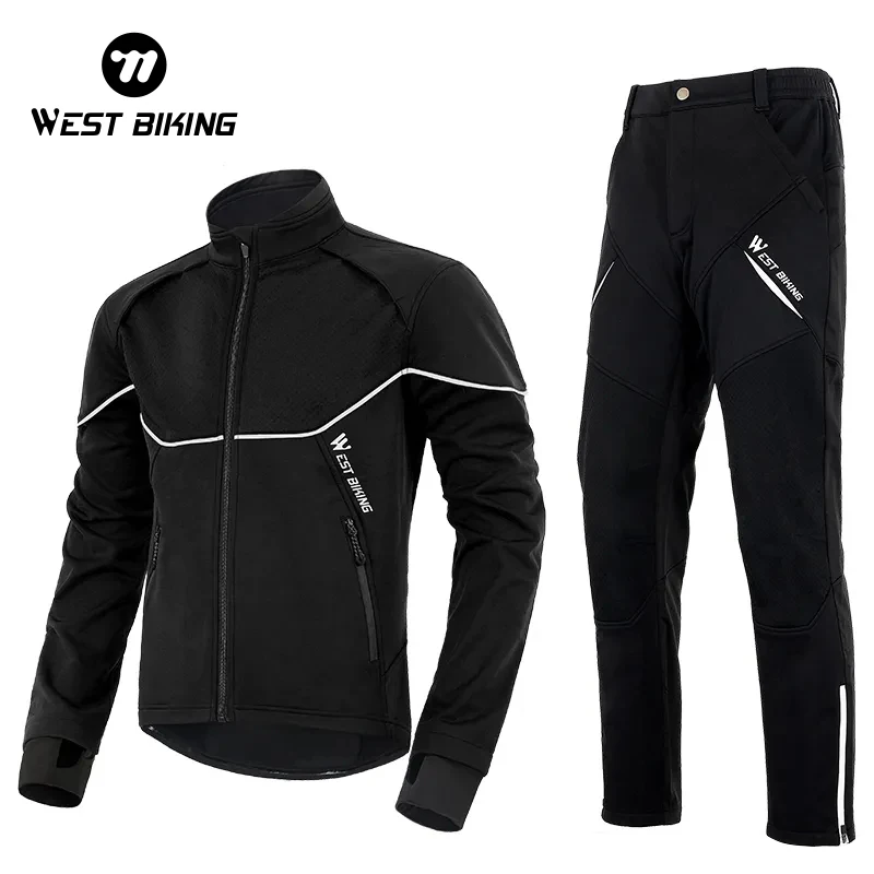 WEST BIKING Winter Men\'s Cycling Outfit Fleece Warm MTB Jacket Reflective Cycling Sportwear Jerseys Pant Suit Thermal Sport Gear