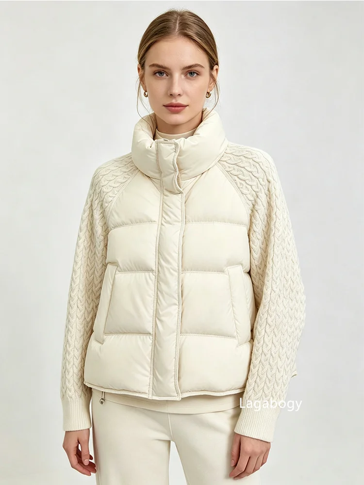 Lagabogy 2026 New Winter Turtleneck White Duck Down Jacket Women Patchwork Knitted Warm Drawstring Short Soft Puffer Coat Female