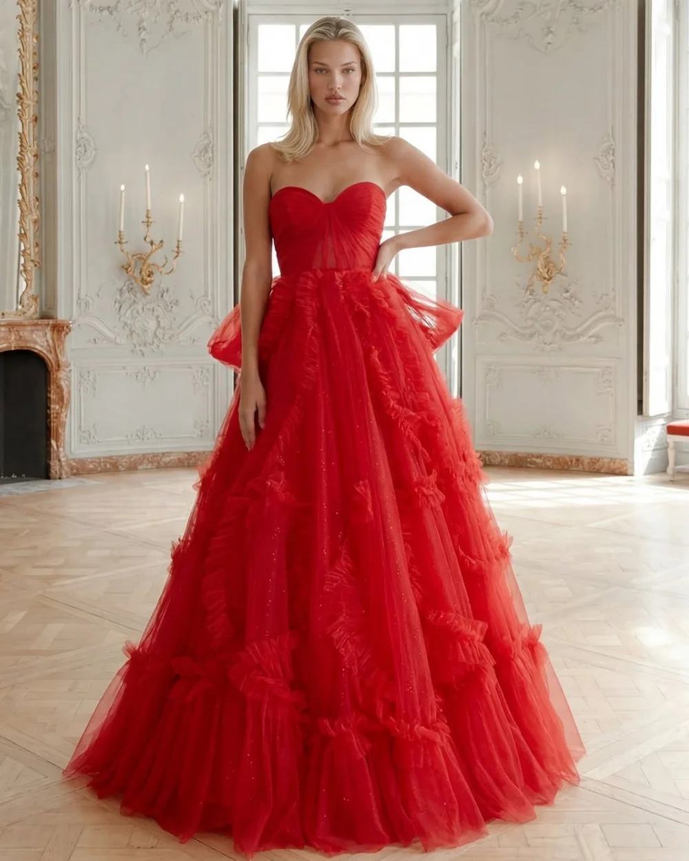 

Customized High Quality Women Tulle Ruched Pleat A-Line Evening Dresses Elegant Sweetheart Sleeveless Floor Lenght Prom Dresses