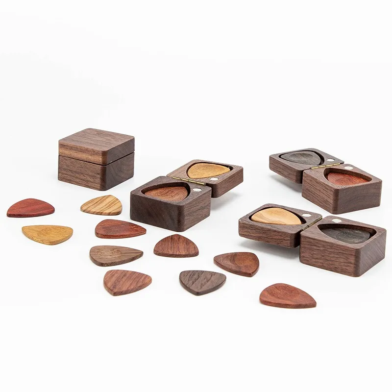 Wooden Guitar Picks Box Pick Storage Box Walnut Square Box Gift-Box Musical Instrument Accessories