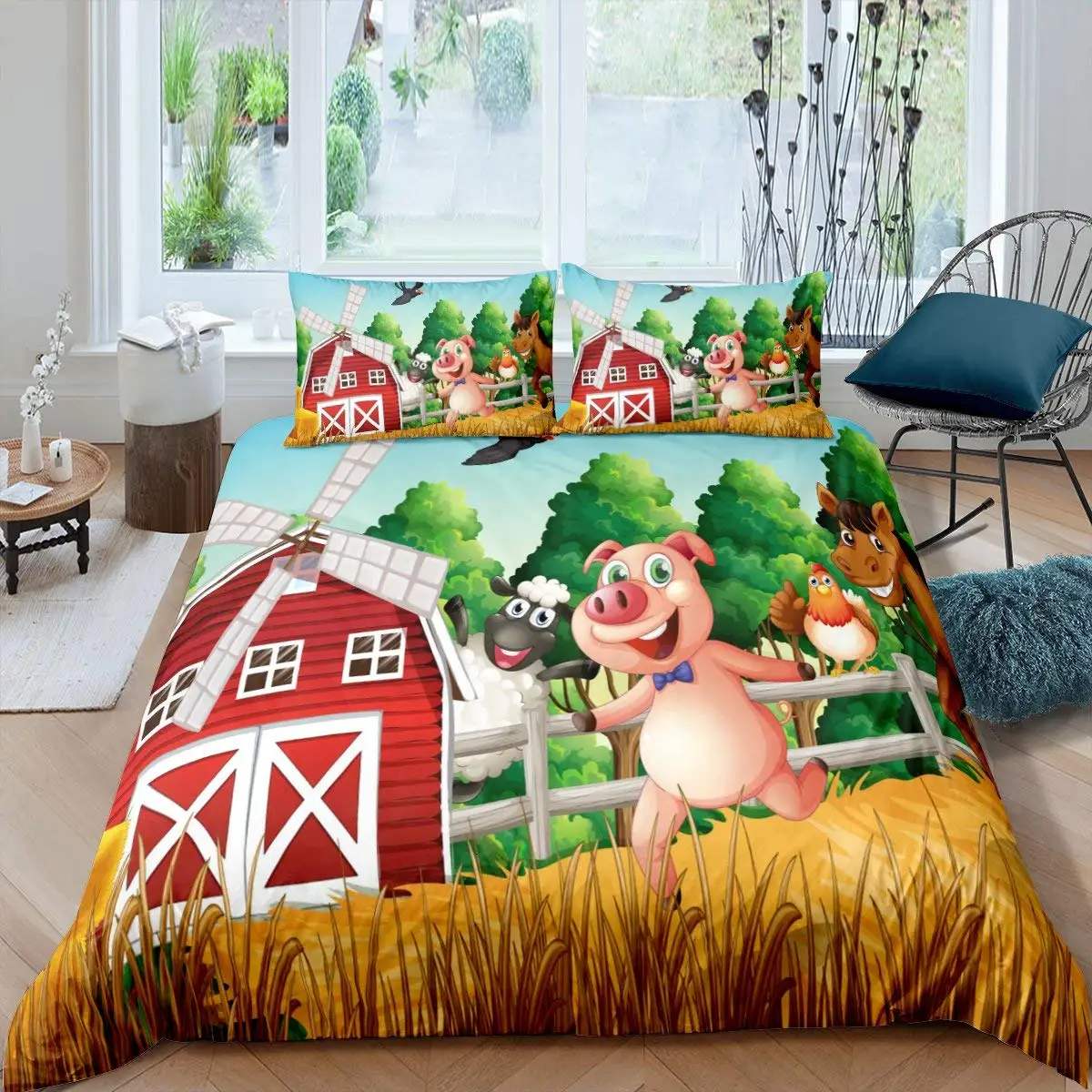 Farm Animals King Queen Duvet Cover Cartoon Farmhouse Cow Pig Duck Bedding Set For Boys Girls Sheep Green Polyester Quilt Cover