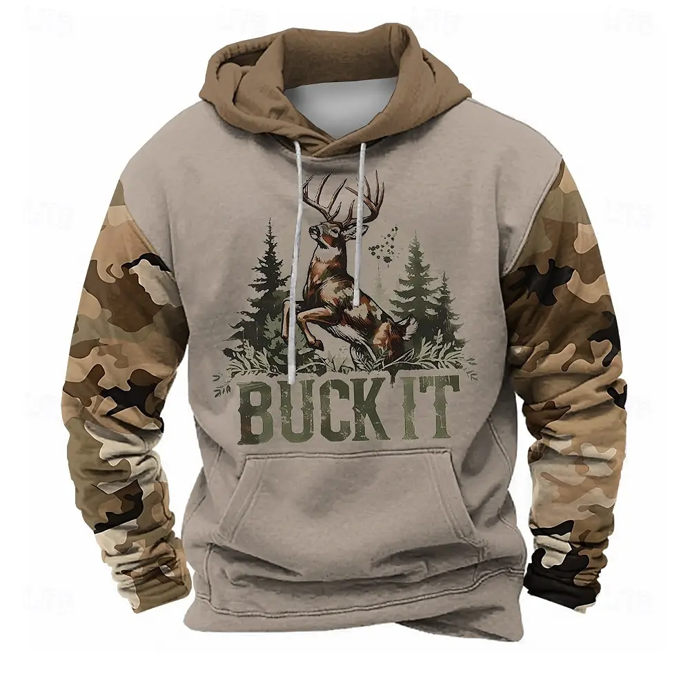 

Outdoor Camouflage Hunting Men's Hoodie Autumn Winter Casual Oversized Clothing Funny 3D Milu Deer Print Sweatshirts For Men Top