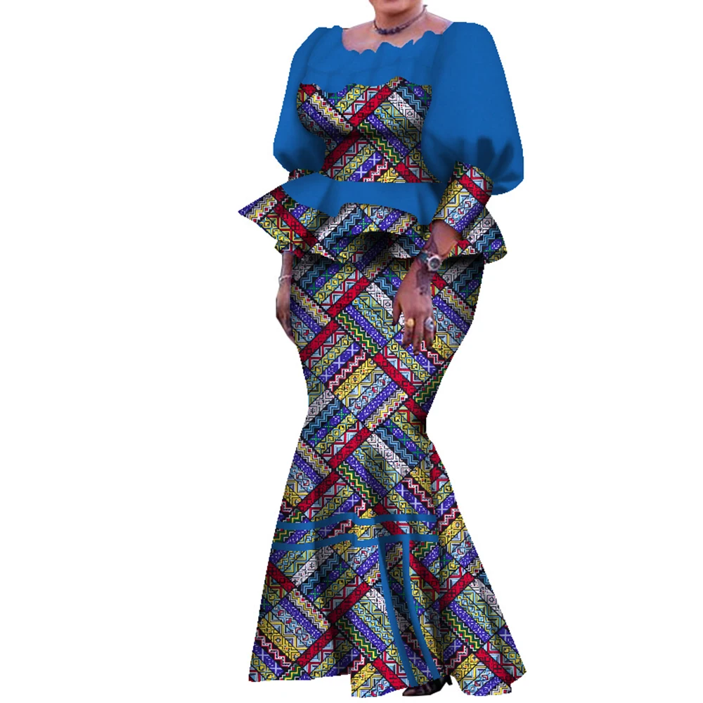 Traditional African Women Skirt Suit Pleated Top and Ankle Length Skirt Lovely Lady Plus Size Female Autumn Skirt Set WY7907