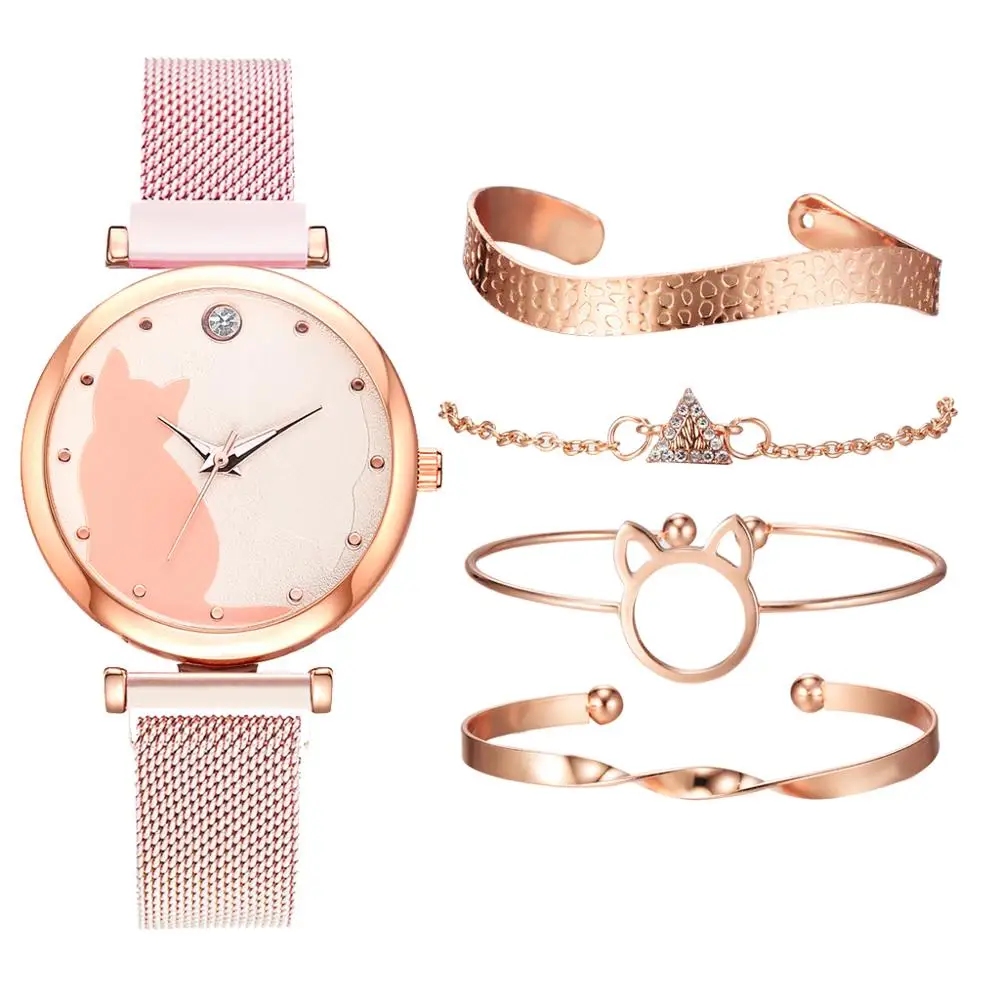 Dropshipping 5pcs/set Women Watches Rose Gold Bracelet Set Cat Pattern Black Magnet Watch Ladies Wrist Watches Quartz Clock