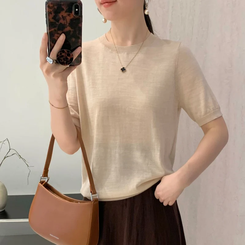 

Women's O-Neck Short Sleeve Pullovers Spring Summer 100% Merino Wool Knitwear Female Fine-spun Machine Washable Wool T-shirt