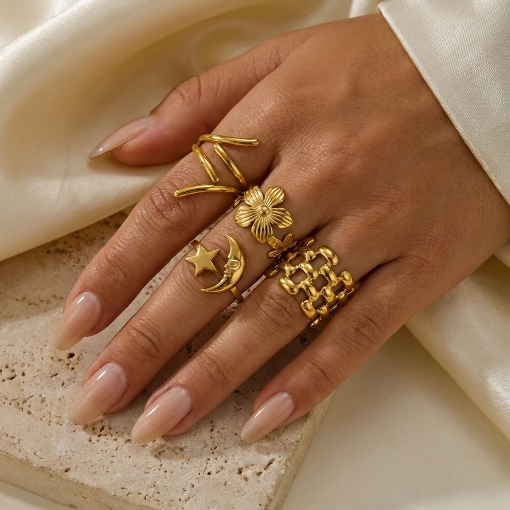 5-teiliges Vintage-Set mit Blatt-Textur Edelstahl-Ringe in Goldton für Frauen, Stapelbare Boho-Statement-Ringe für den Alltag, Eleganter Natur-Schmuck – Detail 4