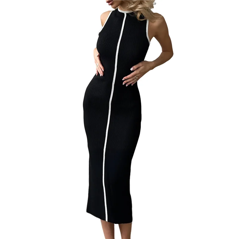 ABP-Damen ärmelloses T-Shirt-Kleid, Sommer, Kontraststiche, gestricktes Tank-Maxikleid