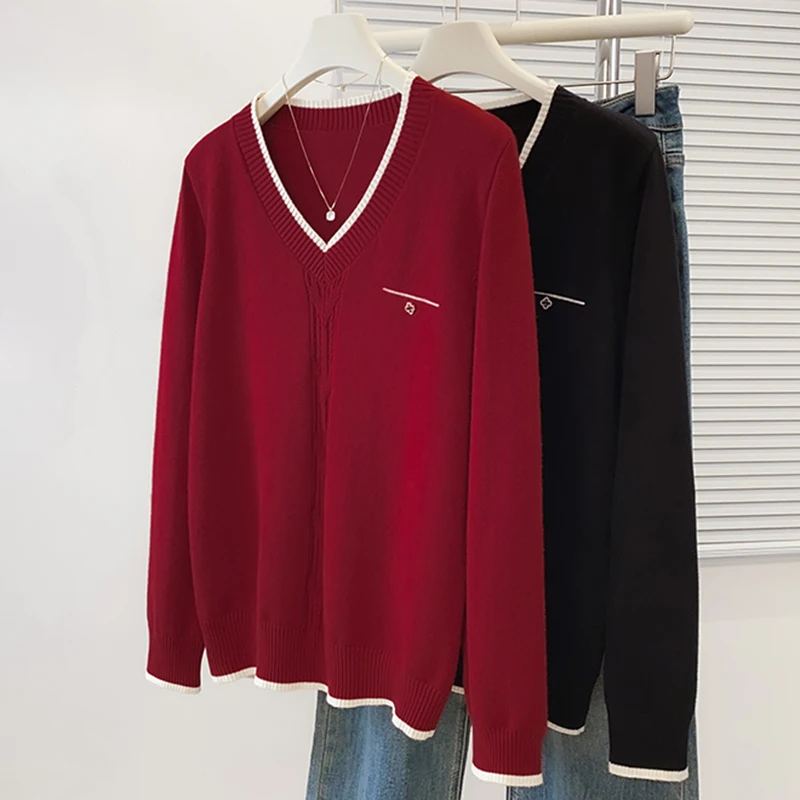 

Oversized Knit Sweater Pullover Women 2026 Spring Long Sleeve V-neck Knitwear Tops Stylish Vintage Chic Ladies Jumpers