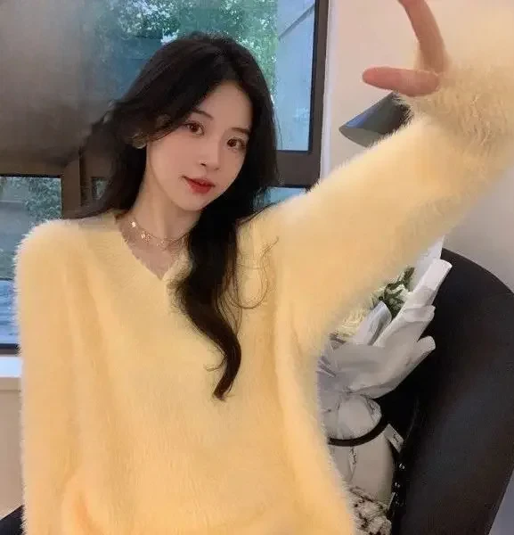 

Элегантный вязаный свитер с v-образным вырезом, повседневный мягкий эластичный осенне-зимний топ, куртка