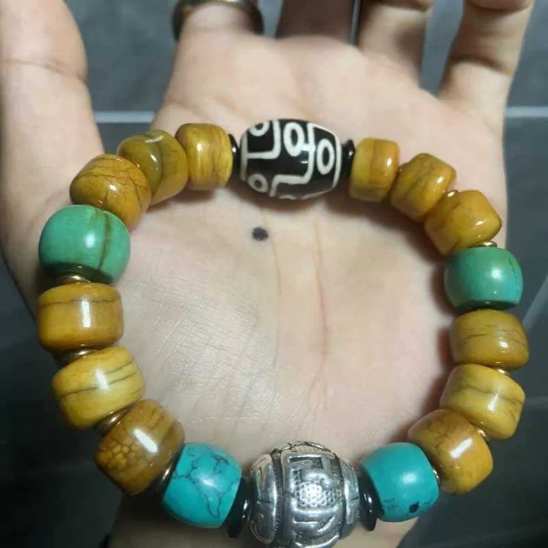 Tibetan nine-eyed dzi bead and old agate bracelet, Tibetan-style men's yak bone bracelet with hexagonal pattern and six-characte