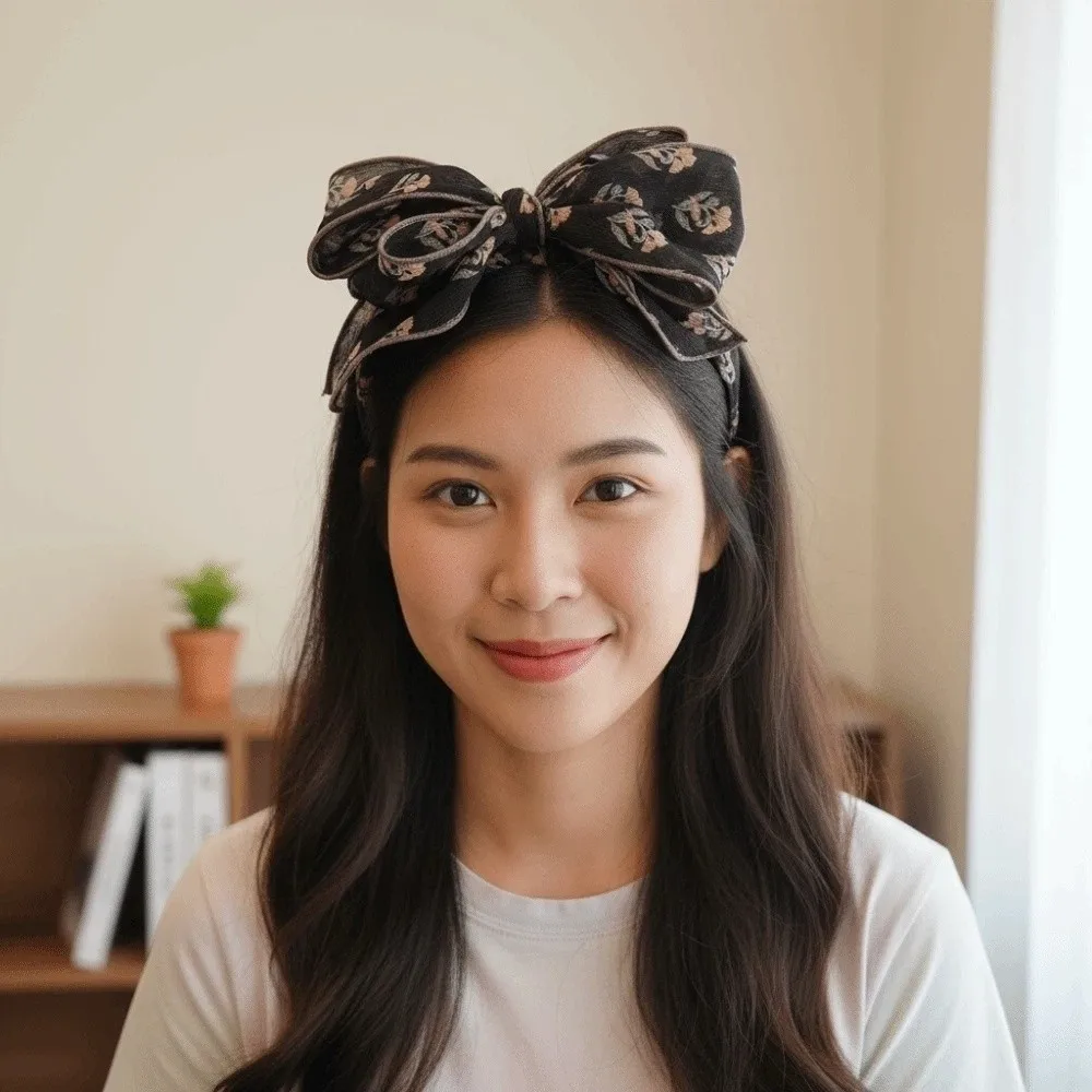 

Трехслойная повязка на голову с бантом, креативная, контрастных цветов, широкая повязка-обруч с бантом, в корейском стиле, с цветочным принтом, розовая.