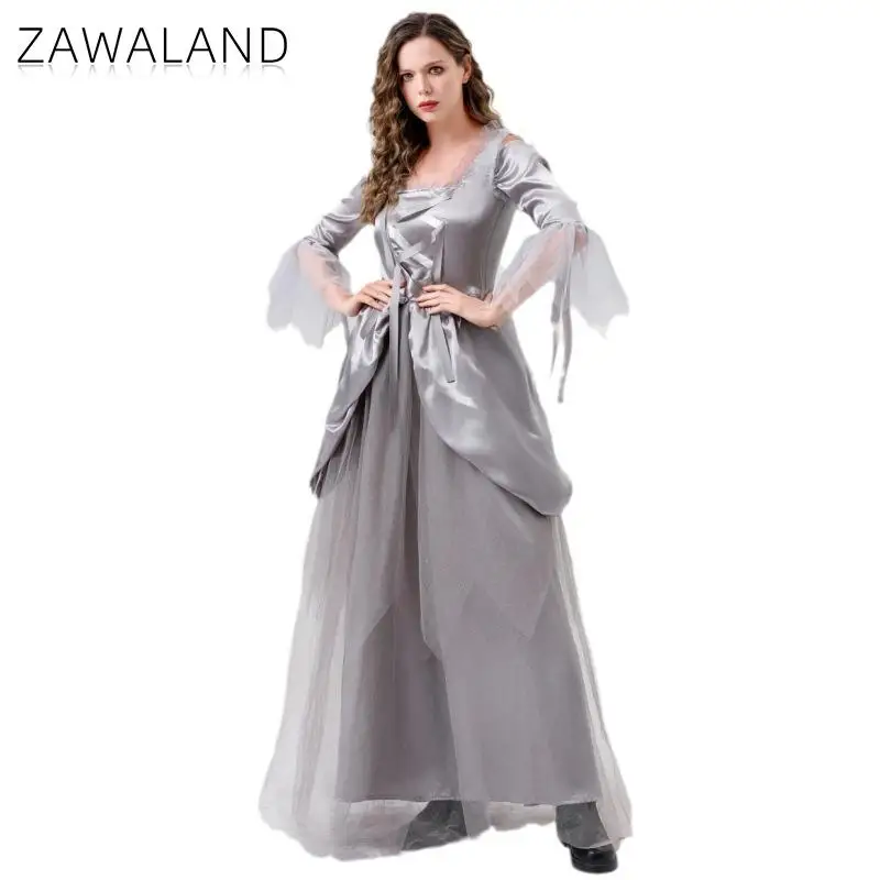 

Zawaland Women Grey Gothic Ghost Bride Costume Medieval Victorian Long Sleeve Tulle Maxi Dress Halloween Vintage Party Outfit