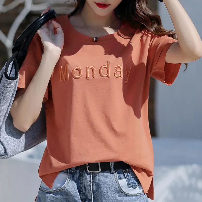 Pure Cotton T-shirt Womens Short Sleeved Loose Summer Letter Embroidery Half Sleeved Body T-shirt Clothes