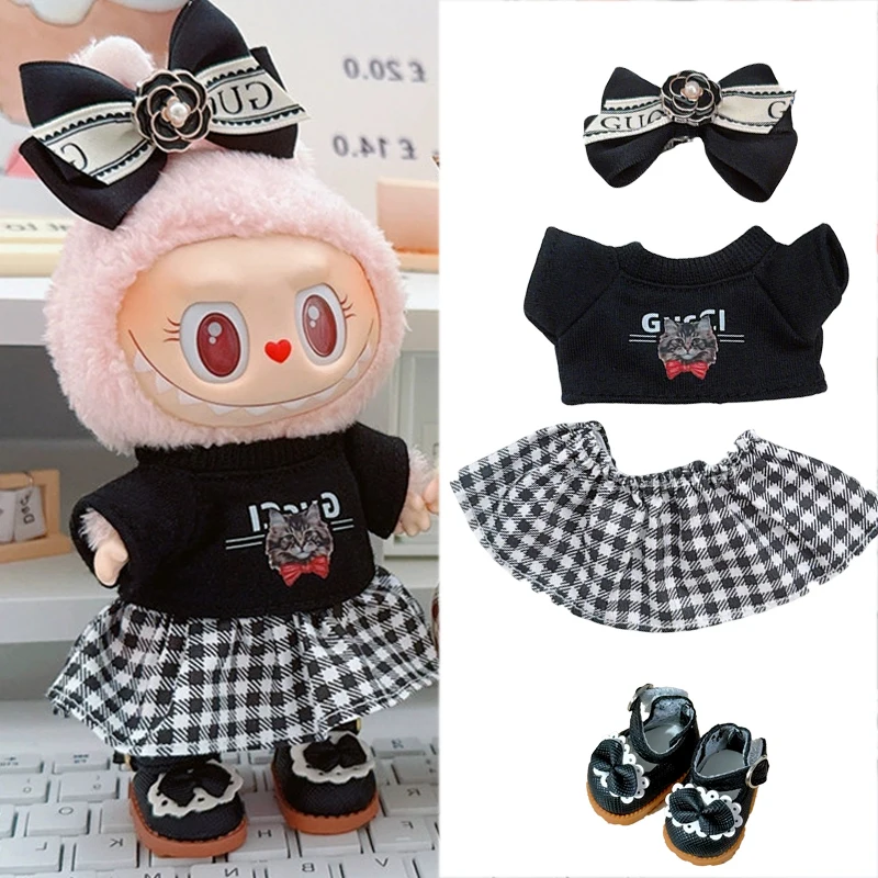 15 17cm For Labubu Doll Checkered Trousers Pattern Outfit Clothing Bowknot Hair Accessory Luxury Skirt Dress Clothes Accessories
