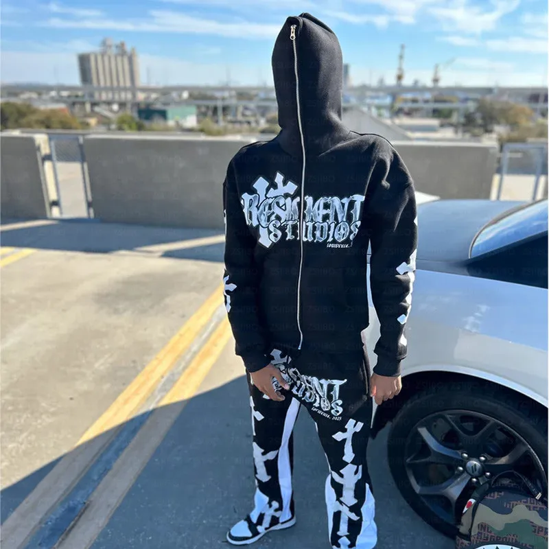 Y2K Printed Hoodies Women Autumn Winter Harajuku Zip Up Hooded Sweatshirt Men Gothic Hip Hop Oversized Jackets Pant Streetwear