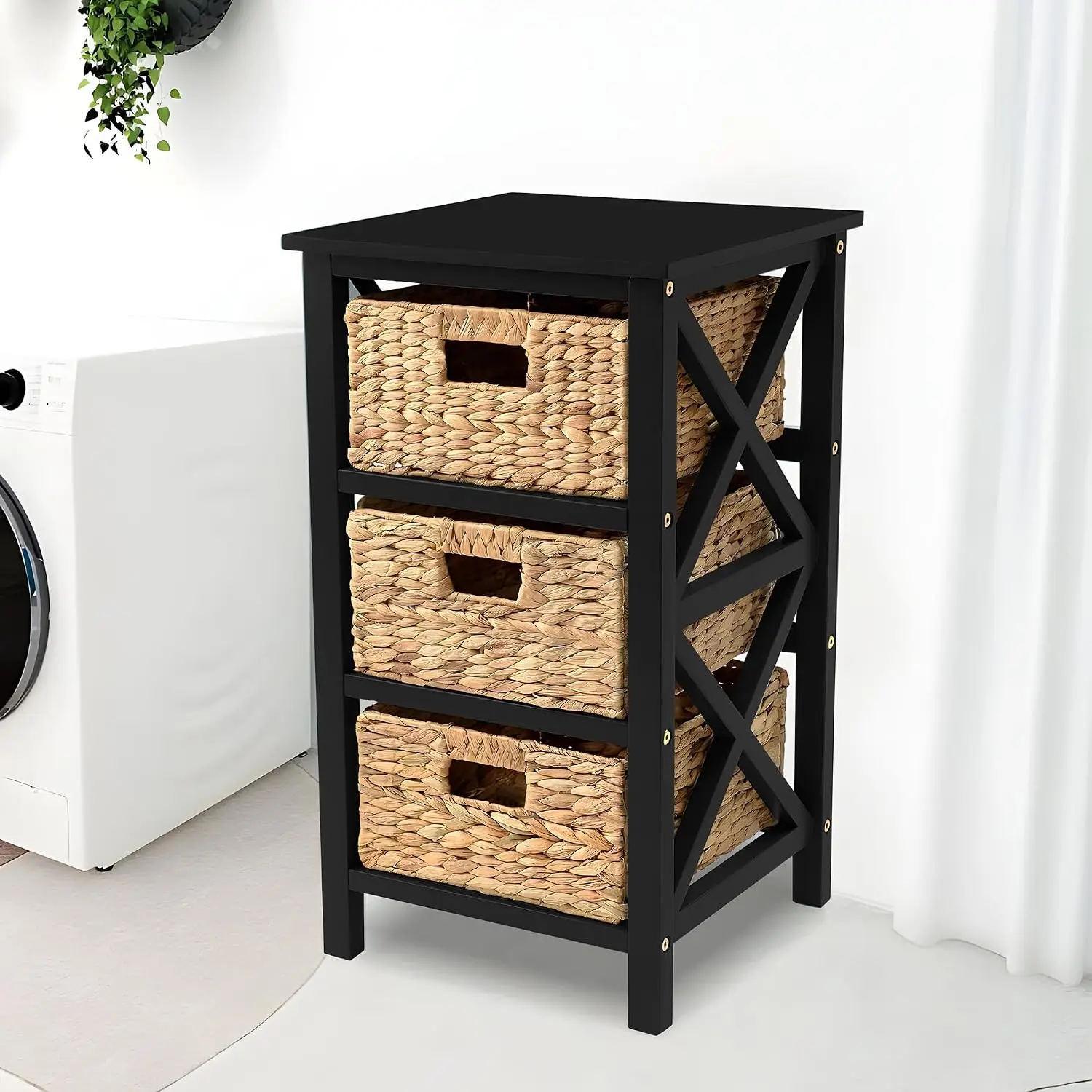 Three Tier X Side End Table, Bedside Nightstand For Bedroom Living Room, Compact Accent Storage Stand With Three Natural Woven Baskets And Wooden Frame, Black