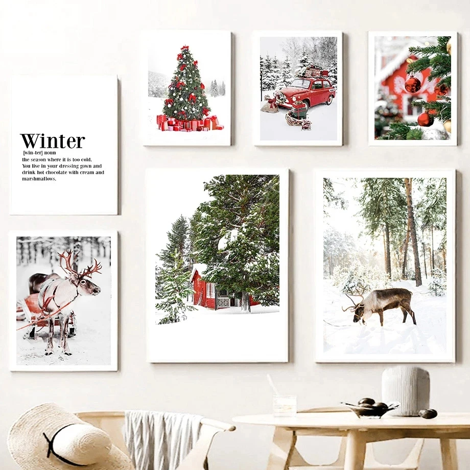 Winter Scenery Canvas Painting Wall Art Pictures Snow Red Car Pine Christmas Tree Gift Posters Prints Living Room Home Decor