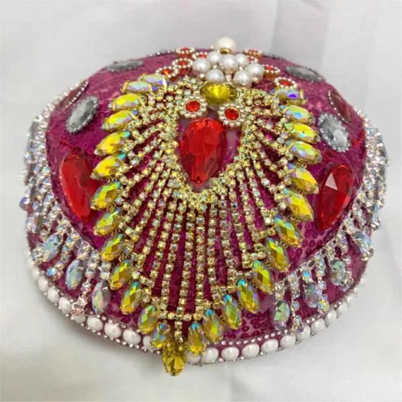 

Women Little Flower Hat Uyghur Kazakh Ethnic Hat Xinjiang Traditional Folk With Diamond Headdress Stage Dance Costume Decor