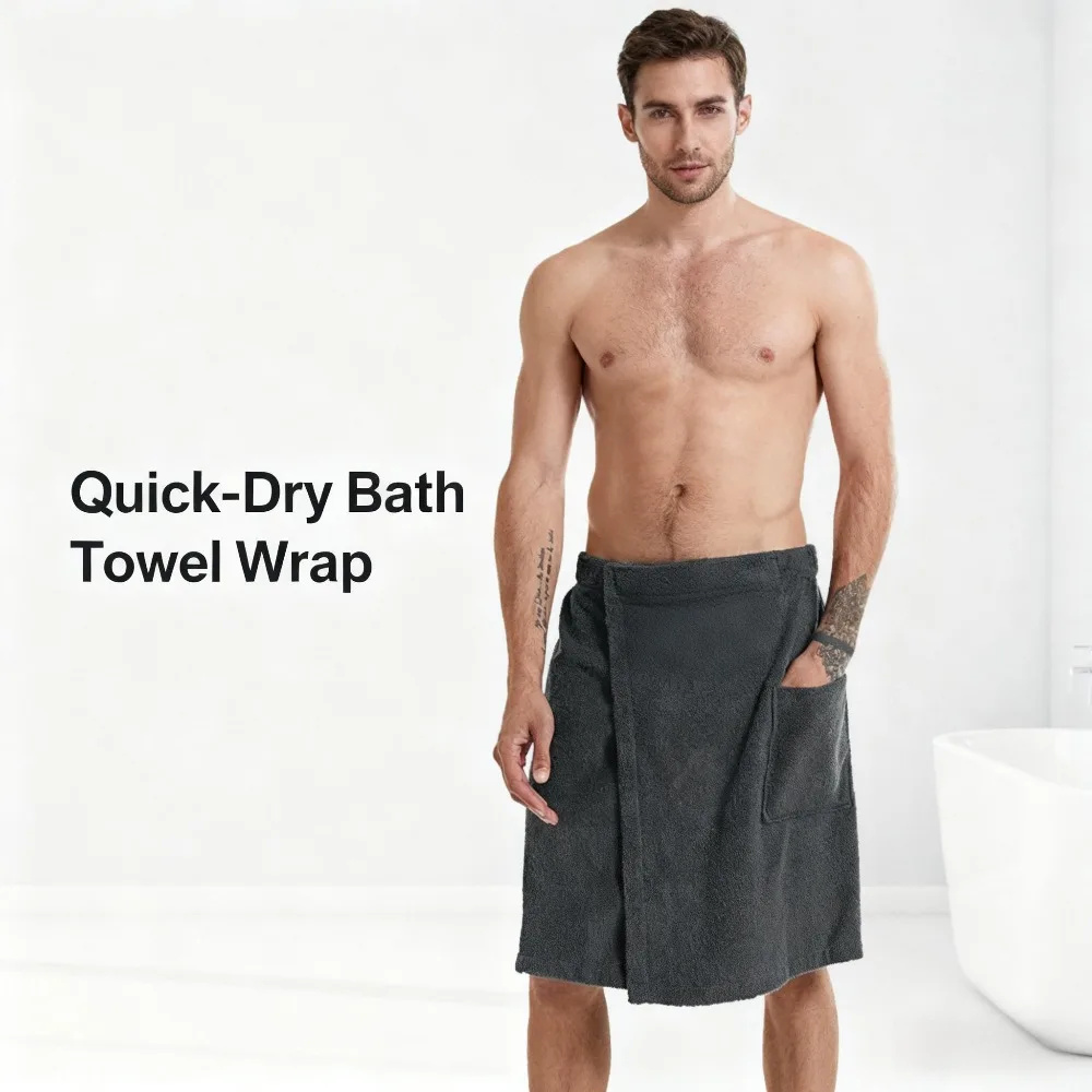 

Men's Solid Color Wearable Bath Towel Pocketed Bath Robe Multi-Use Towel for Bathroom & Beach