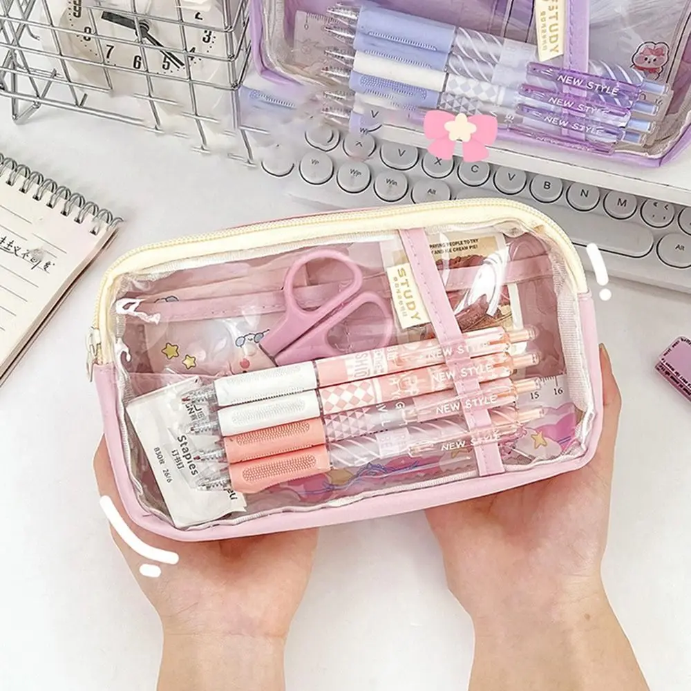 Simple Double-layer Pencil Bag Waterproof Candy Color Transparent Pencil Bag Multifunctional Fashions Stationery Bags