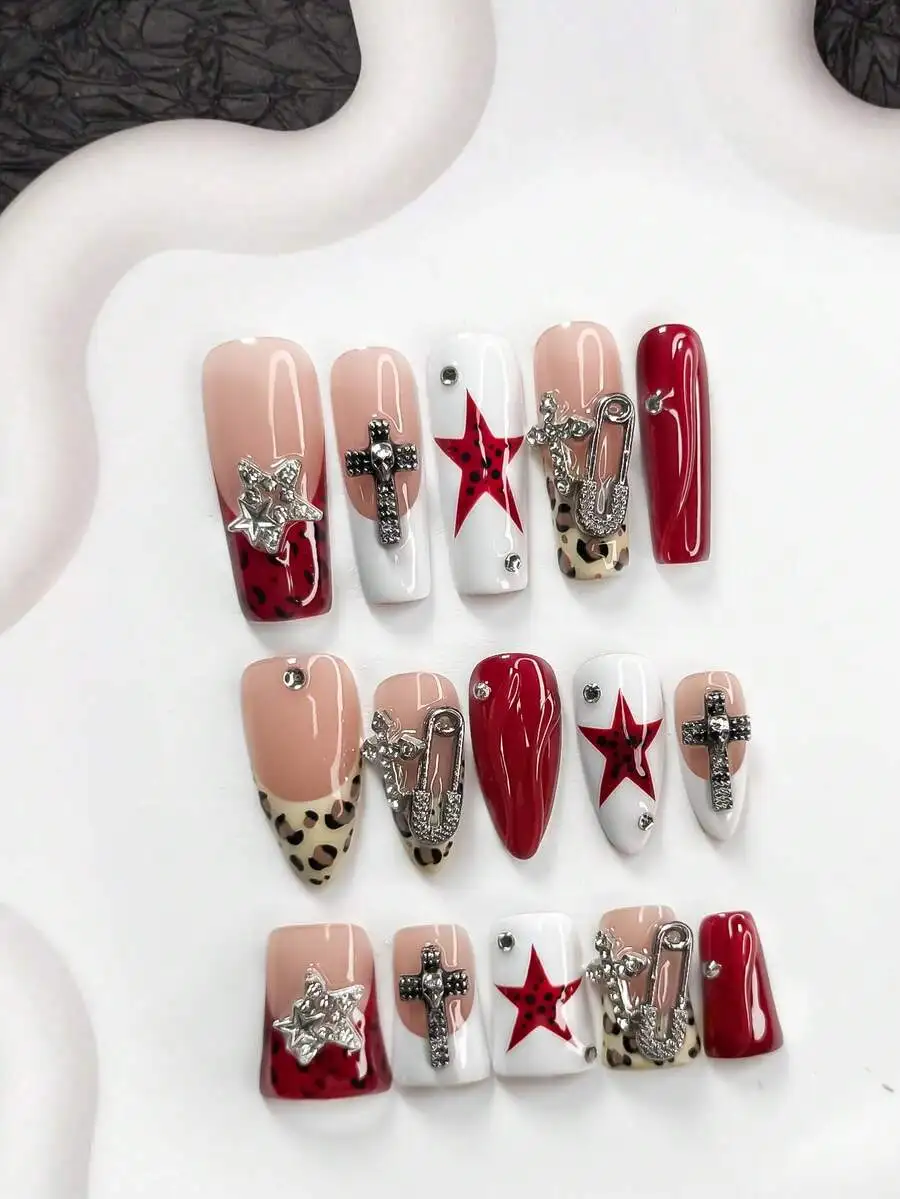 10pcs Y2K Millennium Press On Nails Set Dark Style Acrylic Nails with Rhinestone Cross Silver Pentagram Paper Clip Nail Decor