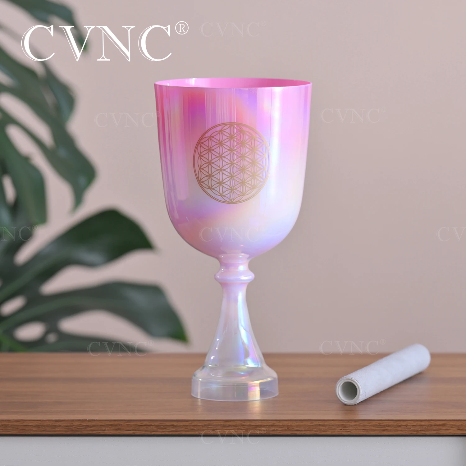 

CVNC 6"/7" Dream pink with flower of life Cosmic Light Hollow Handle Quartz Crystal Singing Bowl for Meditation with Mallet