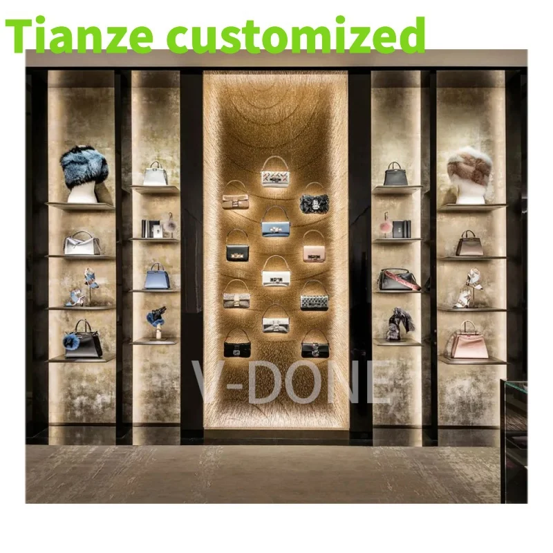 Customized-fashionable show handbags stand display lady bags wooden showcase handbag store fixture bags shop interior design