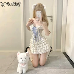 RORORIRI Floral Women Corset Top Mini Skirt Set Bandage Lace Trim Zip-up Cami Layered Ruffle Cake Skirt Coquette Lolita Costumes