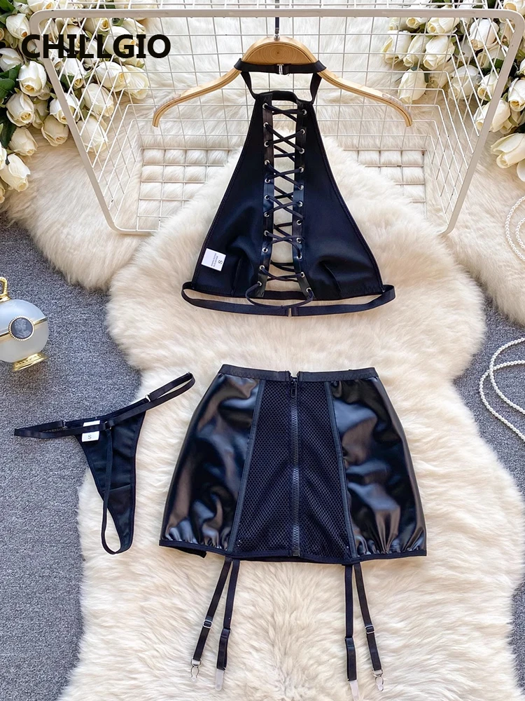 CHILLGIO Women PU Skirt Suits Lace-up Halter Tanks A Line Faux Leather Skirt Thongs Solid Black Fashion Sexy Three Pieces Sets