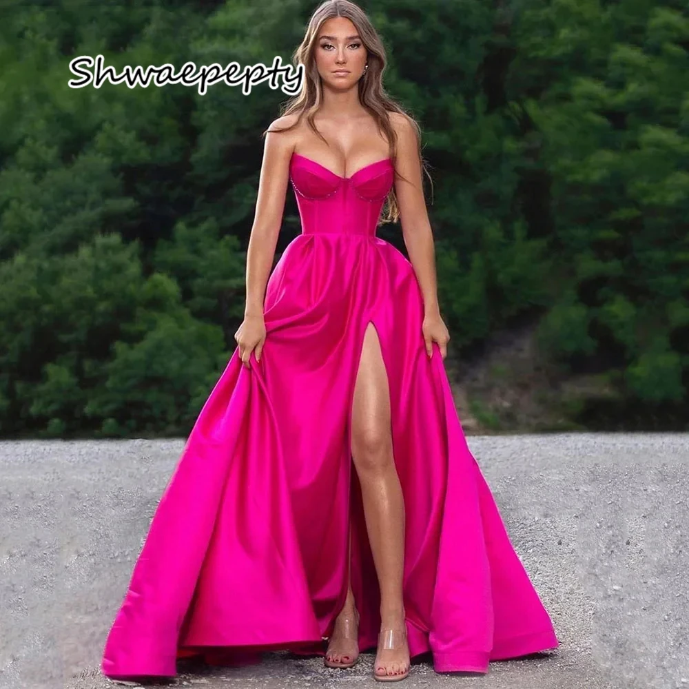 

Strapless A Line Long Evening Dress For Women 2024 Corset Side Slit Sexy Prom Dresses Floor Length Fuchsia Celebrity Gown