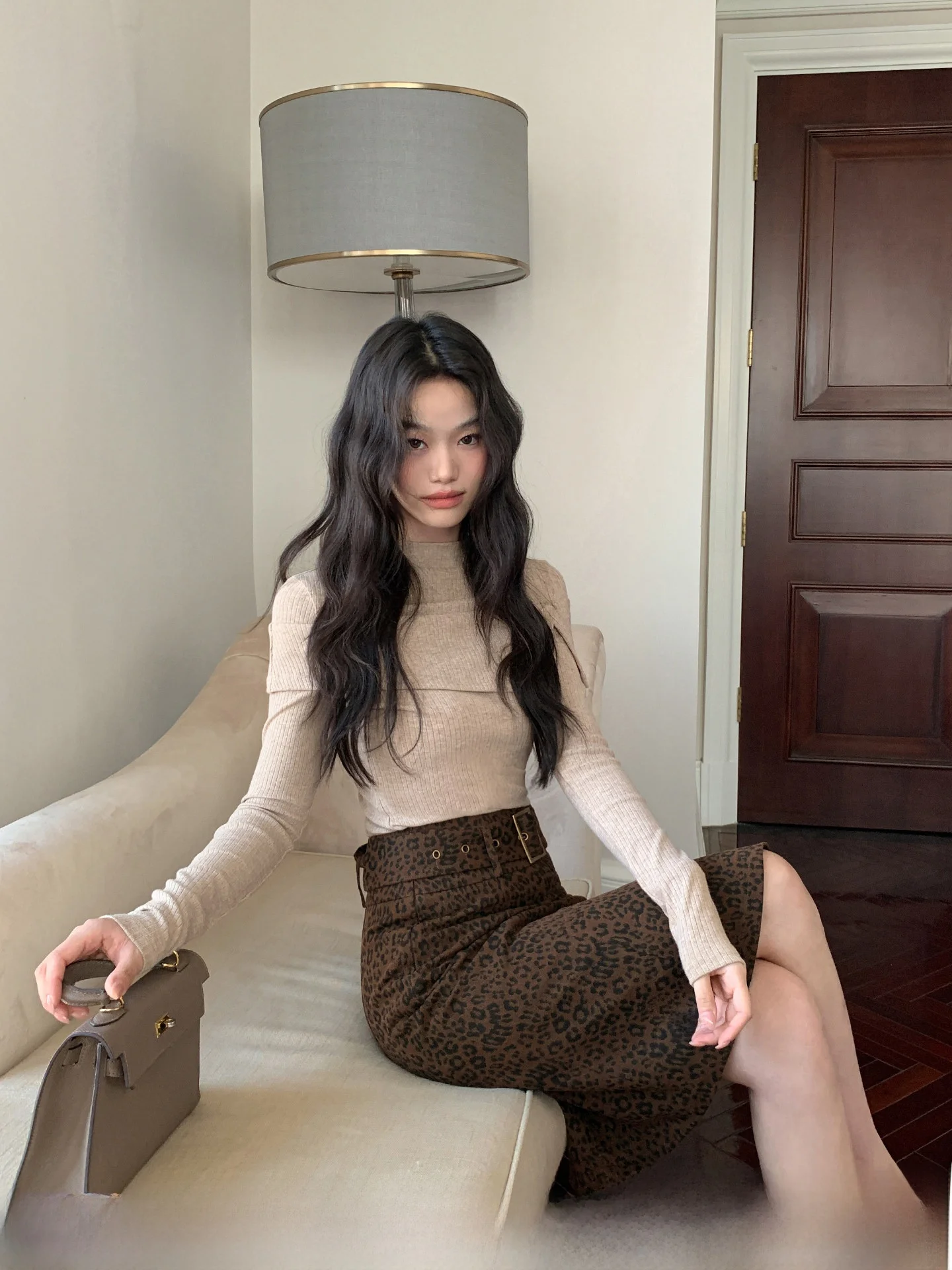 

Lui Xie Hi Half-length Skirt with Belt Decoration Work Pleats Middle-long Women's Spring Slimming Design Leopard Pattern