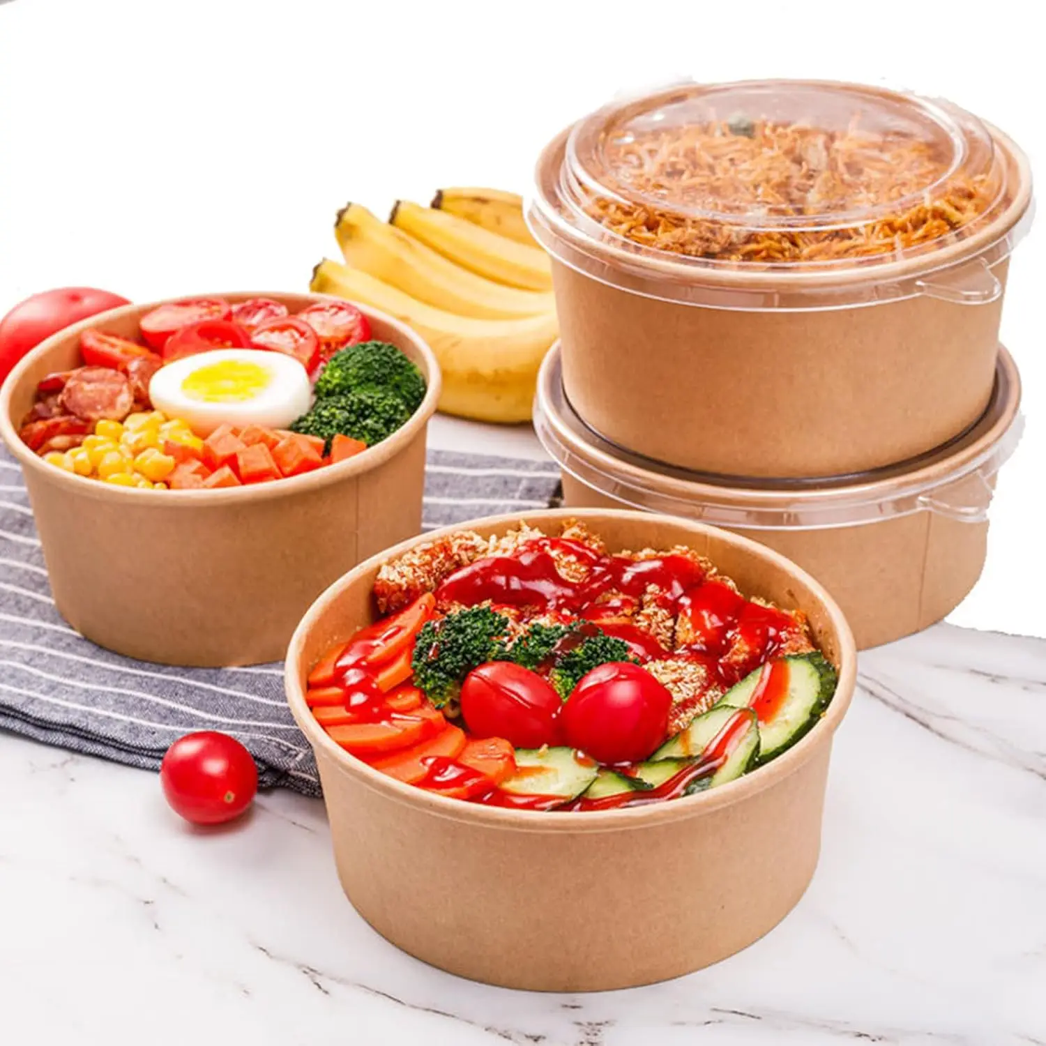 Immagine 6: Confezione da 50 ciotole di carta Kraft con coperchio Ciotole usa e getta per zuppa/salata da 25 Oz Ciotole per zuppa anti-fuoriuscita e anti-olio
