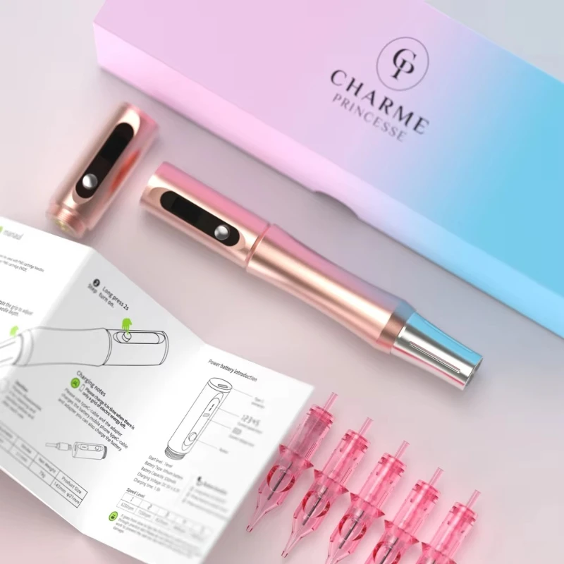 Pink wireless micro-blade tattoo machine is used for eyebrow tattooing and lip micro-pigmentation permanent makeup electric
