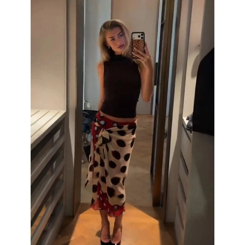 Vintage Contrast Polka Dot Midi Skirt Women Bohemian Chiffon Lace Up asymmetry Elegant A-line Vacation Party Skirt 2026 Summer
