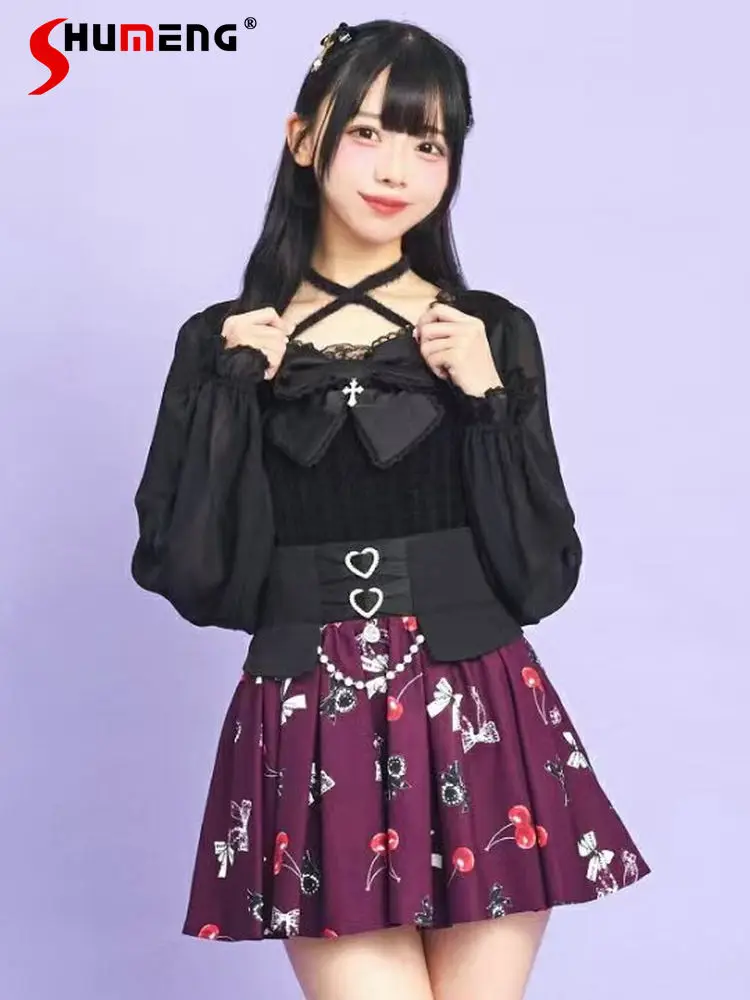 

Массовые блузки в японском стиле Mines, темно-готические милые рубашки на шнуровке с лямкой на шее и квадратным воротником, с бантом и длинными рукавами, женские топы