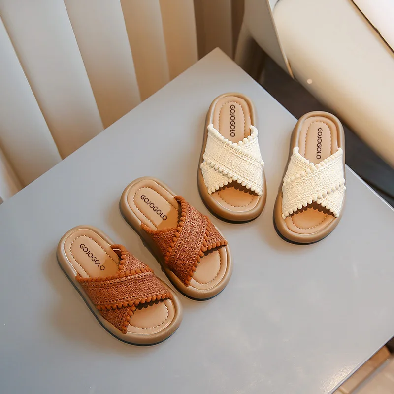 Girls Summer Slippers Princess Sweet Kids Slides Beach Shoes Bohemia Woven Children's Outdoor Slippers Anti-slippery 23-37 Soft