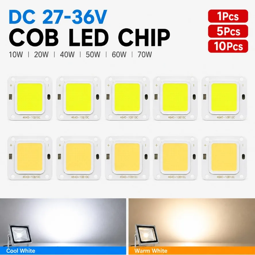 1/5/10Pcs DC 27‑36V COB LED Chip 10W 20W 40W 50W 60W 70W High Power LED Bead Cool Warm White For Floodlight Spotlight DIY Lamp